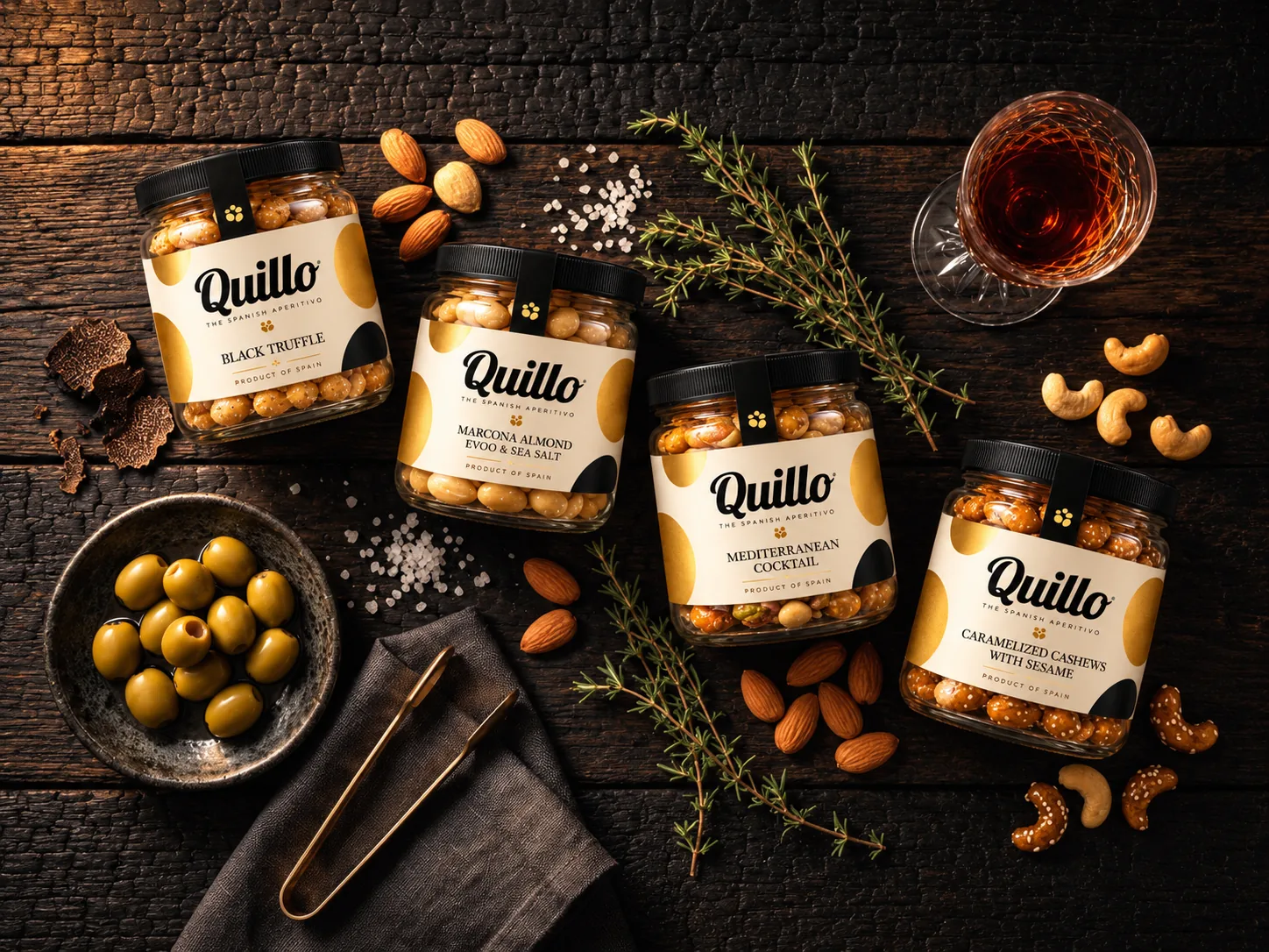 QUILLO nut jars on charred oak